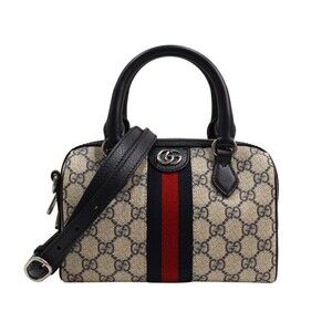 GUCCI Boston Bag Shoulder Strap Navy Blue Off White GG Supreme Canvas Leather